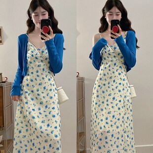 MM谢谢家大码春夏新款碎花吊带裙+防晒开衫上衣两件套气质连衣裙