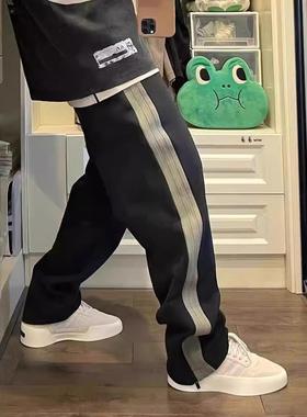 CTST美式IALS新款不加绒联名三条杠拼色拉链阔腿裤男女情侣直筒裤