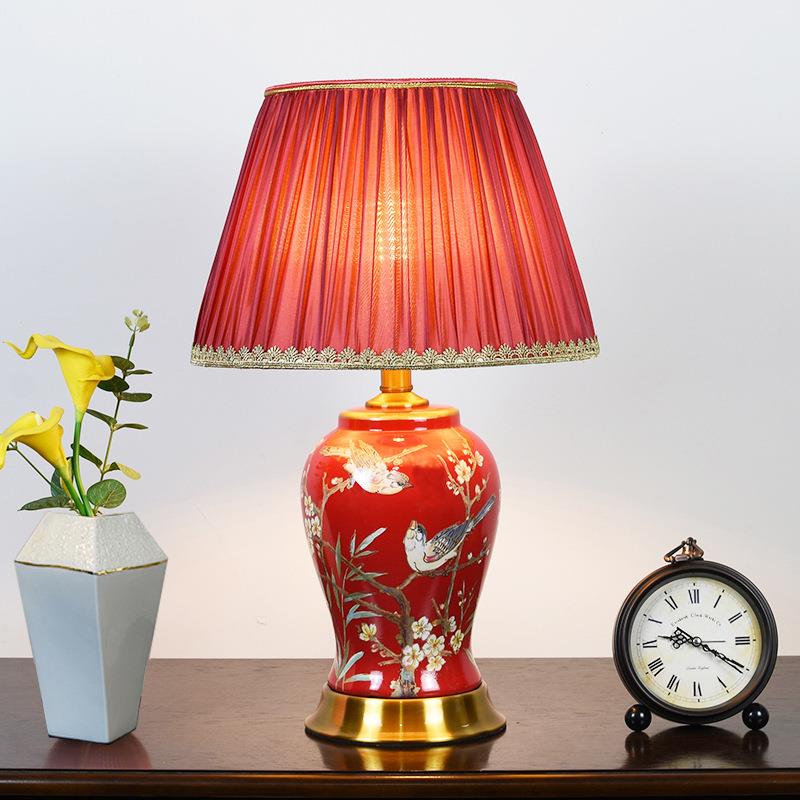 中式花台卧鸟陶瓷红色AMJ-TD12婚结庆婚床头柜台灯室书房简约布艺