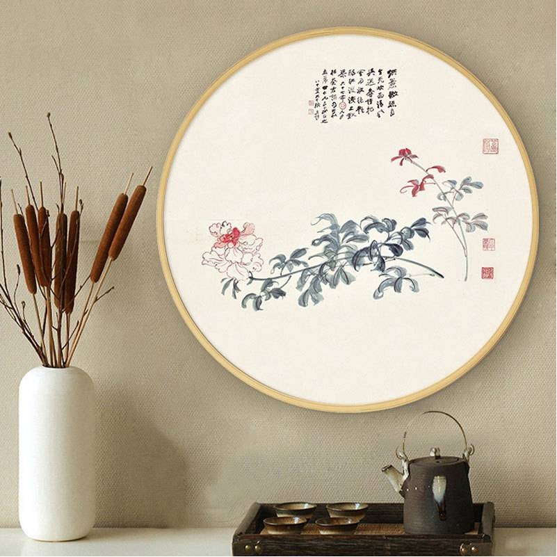 新中式卧室装饰画圆形装饰画走廊张大千水墨画餐厅挂画客厅装饰画图片