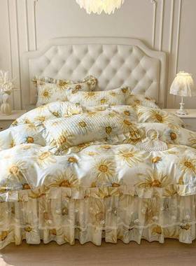 全蕾丝花边棉印棉花床250313li笠裙四件套四季可用套公主风纯被床