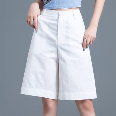 白色百慕大五分裤夏季棉麻亚麻西装短裤女夏薄款阔腿a字大码中裤
