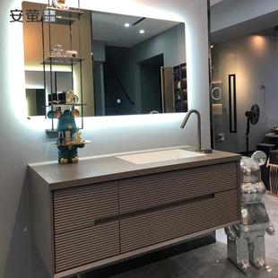 酒店风岩板一体盆浴室柜组合定制轻奢洗漱台卫生间实木洗手脸面池