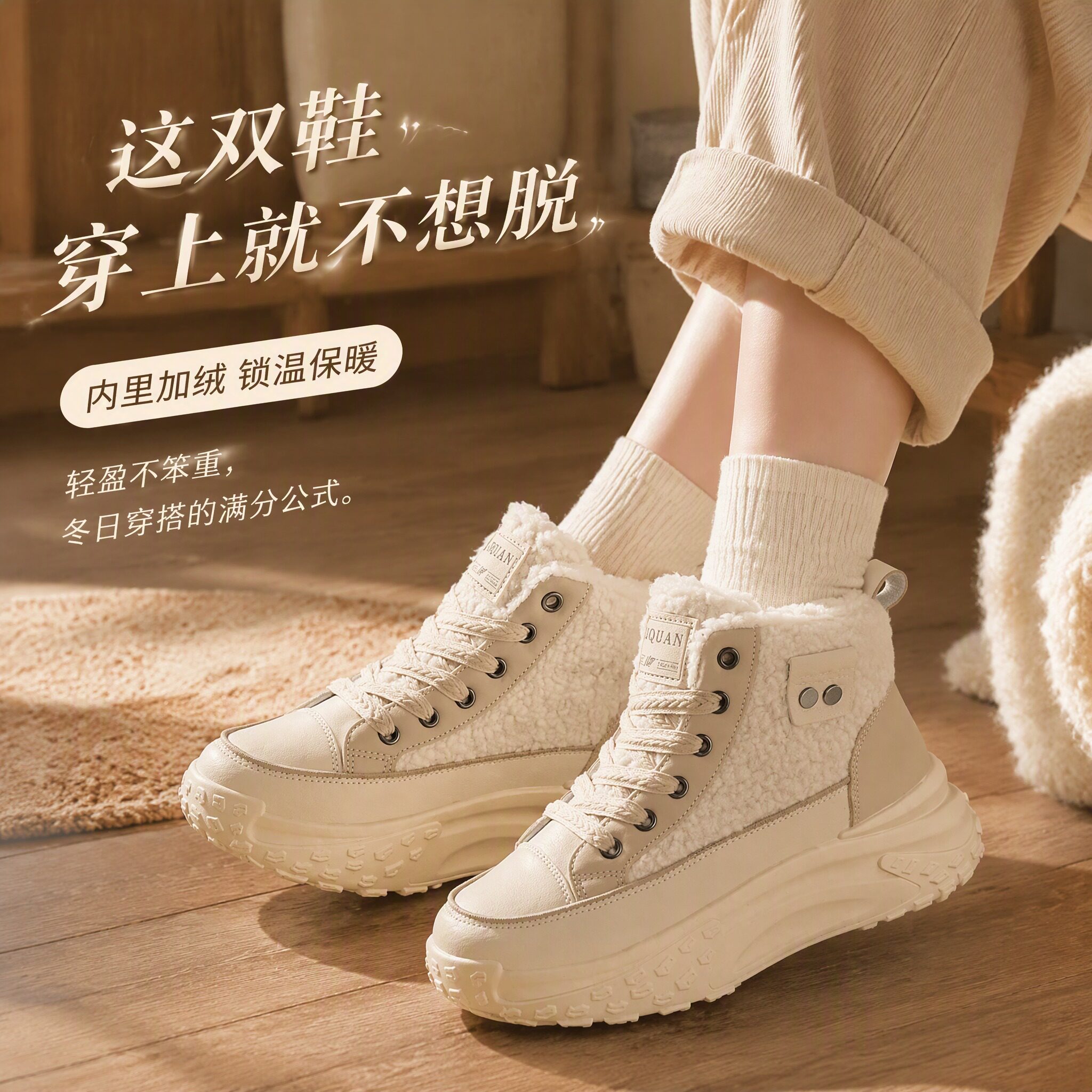 冬季加绒保暖厚底小白鞋女高帮系带休闲鞋软底防滑运动鞋
