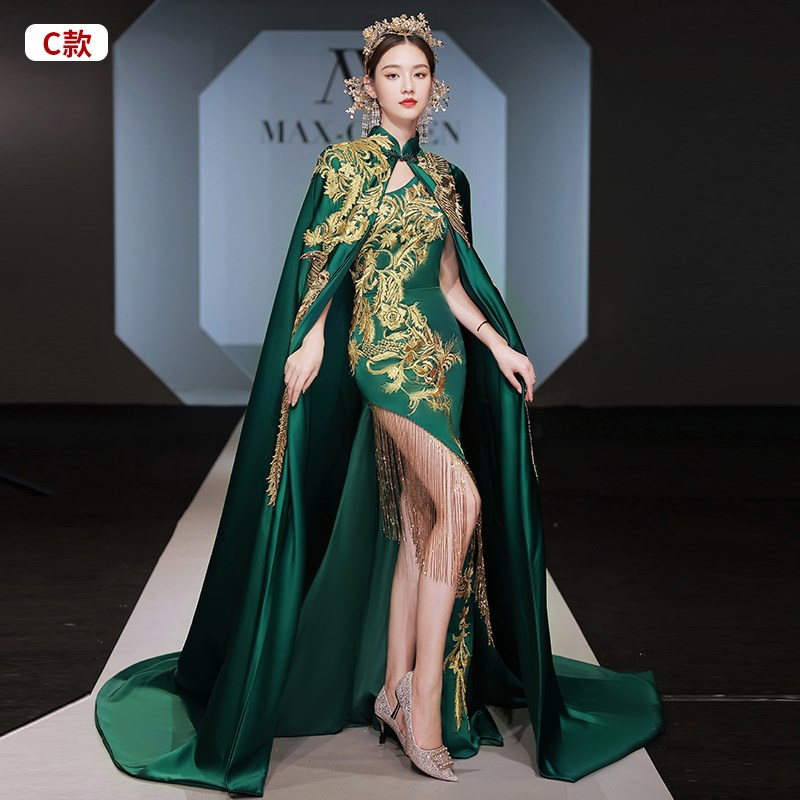 国潮中国风模特走秀旗袍长款演出舞台服高端大气主持人礼服女绿色