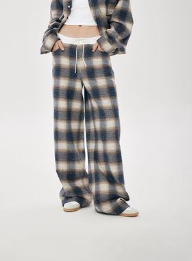 【特价】【博主同款】RURE 拼接腰头设计阔腿格纹裤长裤女慵懒风
