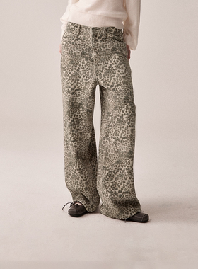 RURE豹纹复合绒里直筒休闲裤爆款复古水洗oversize阔腿牛仔裤长裤