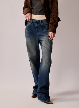 RURE复古脏染牛仔长裤2025新款秋冬拖地直筒裤长裤百搭休闲裤子