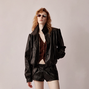 【一只贝卡同款】RURE复古PU夹克女短款亮面防风外套风衣皮衣上衣