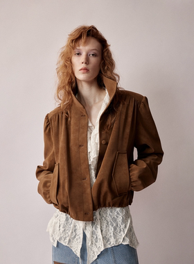 RURE复古绒面夹克短款秋冬复古棕色外套女2025新款穿搭上衣上装