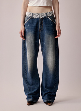 RURE蕾丝贴布装饰牛仔直筒长裤2025秋冬新款设计感女拖地裤子复古