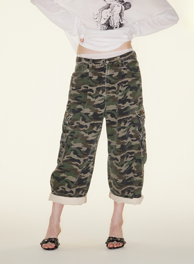 RURE迷彩工装裤宽松直筒阔腿九分裤低腰牛仔裤女2025新款复古裤子