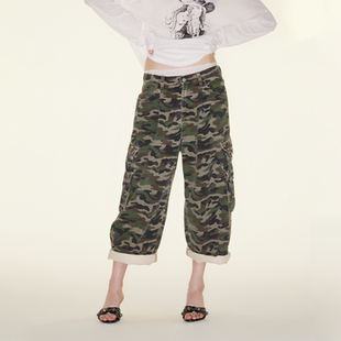 RURE迷彩工装裤宽松直筒阔腿九分裤低腰牛仔裤女百搭休闲复古裤子