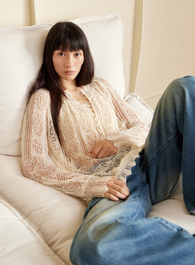 RURE复古镂空钩花毛织套头上衣针织女士白色蕾丝初秋衬衫可外穿