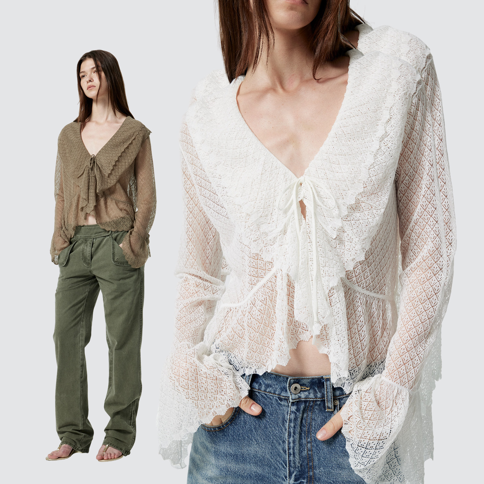 【新品】RURE 荷叶边V领喇叭袖针织开衫新款修身显瘦女装菱格镂空