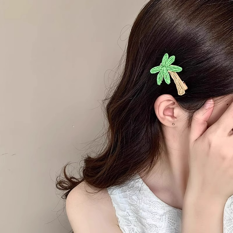 绿色草编椰子树发夹女高级感