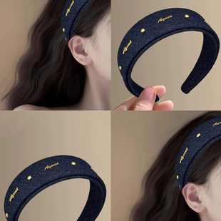 韩系百搭~博主风格牛仔字母发箍女韩版气质ins风高颅顶头箍盘发器