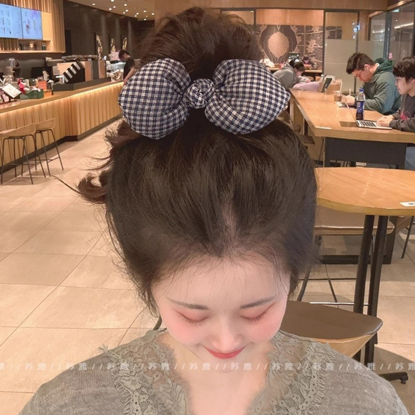 格纹蝴蝶结发圈女高级感蓝色系