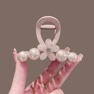 2025新款粉色花朵珍珠抓夹女时尚发量少发抓后脑勺半扎发鲨鱼夹子