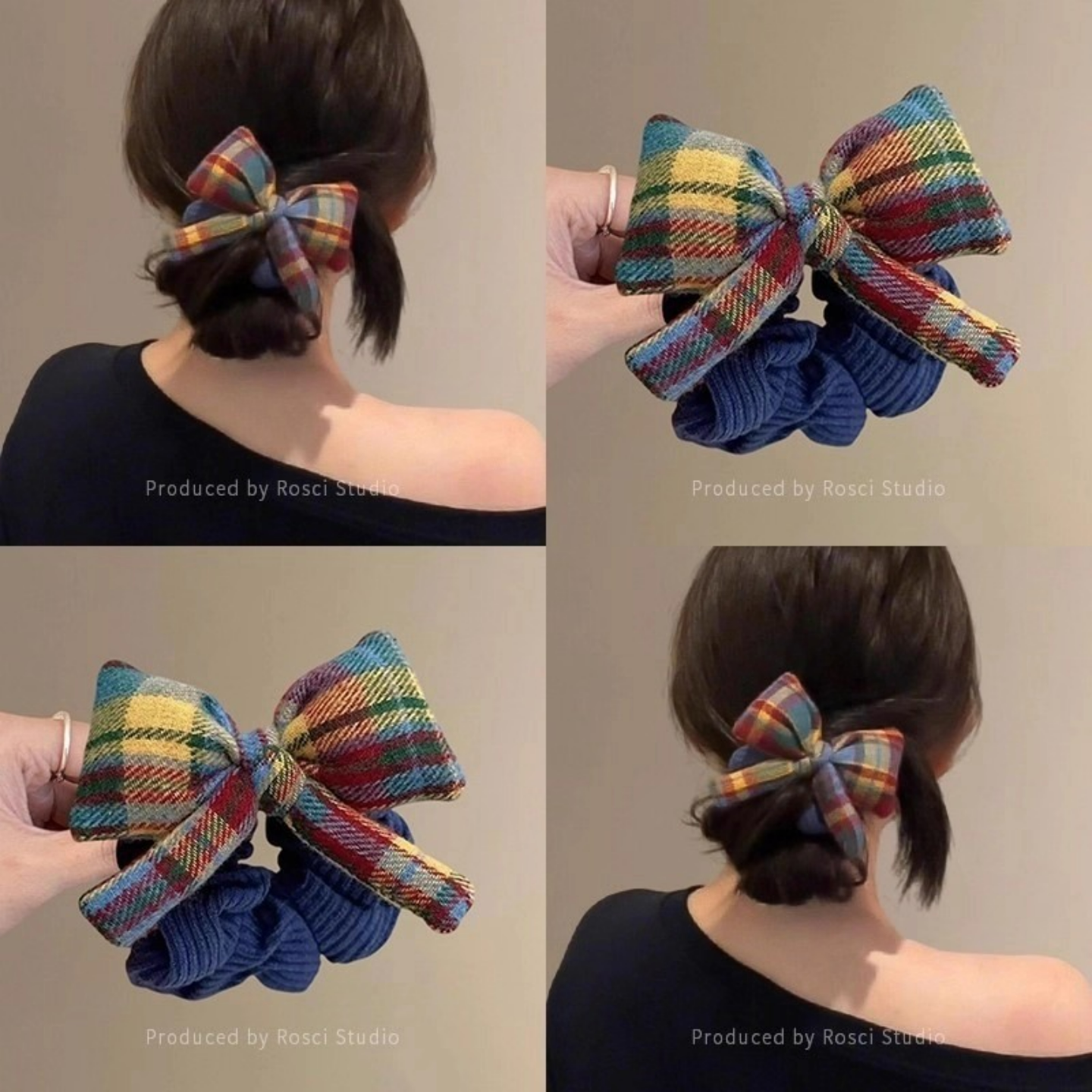 秋冬复古ins彩虹格子蝴蝶结大肠头绳发圈丸子2025马尾发绳新款
