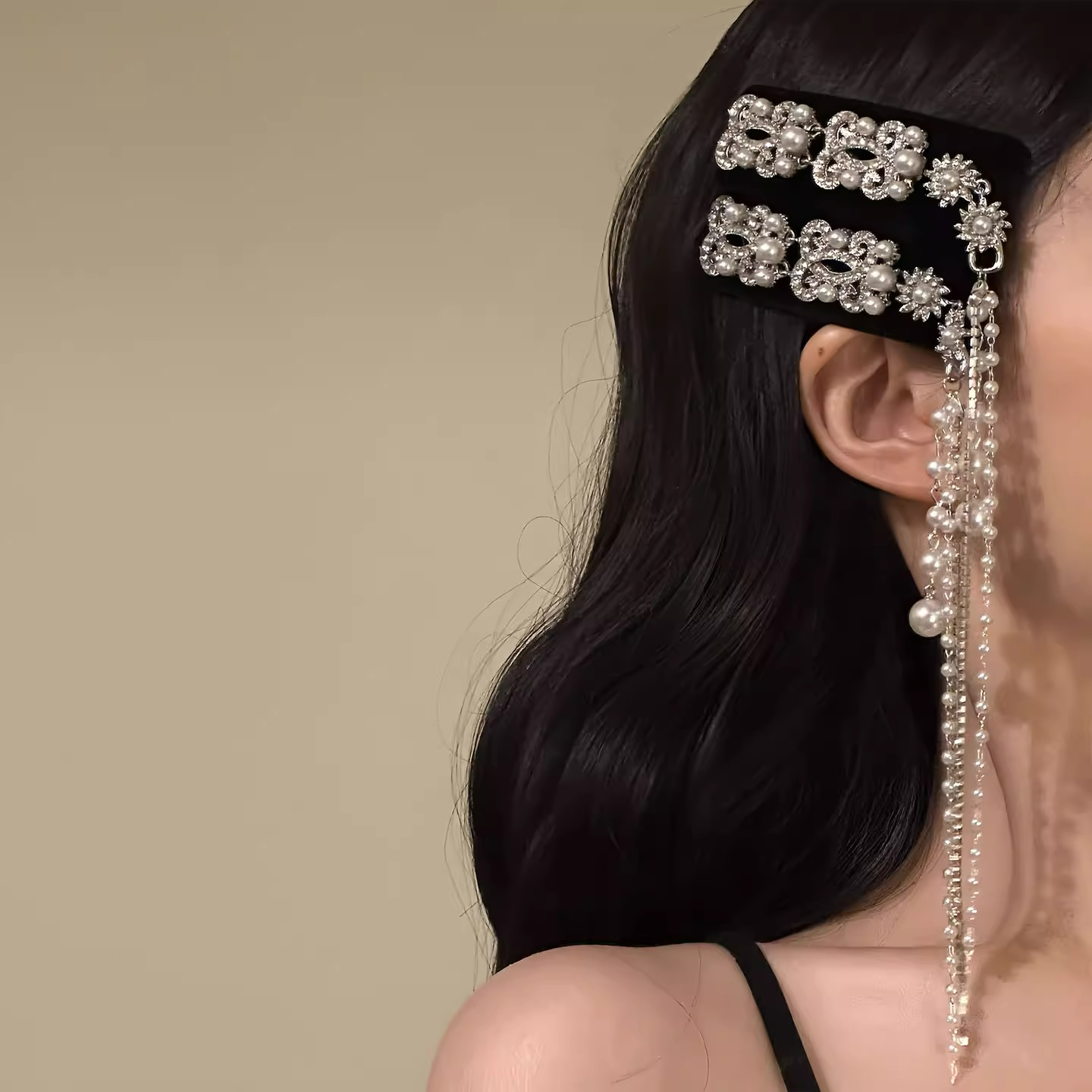 民族风银色满钻珍珠流苏发夹