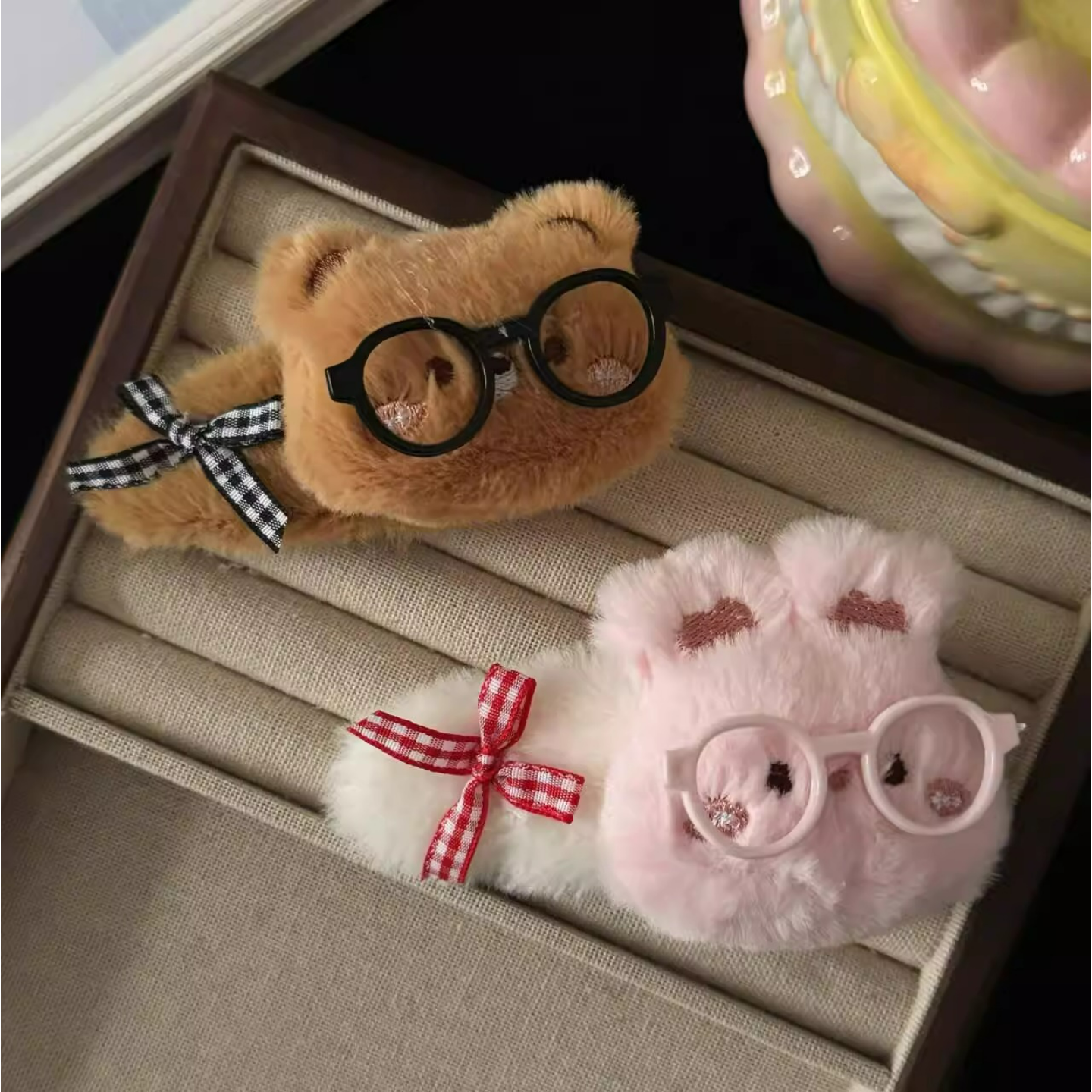 可爱毛绒小熊发夹蝴蝶结眼镜