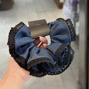 韩国简约百搭牛仔蓝发圈女扎头发蕾丝花边双层肥肠圈高级感气质款