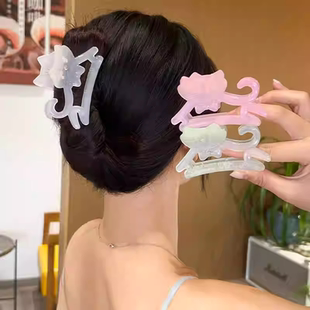 新款法式镶可爱猫咪抓夹发抓镂空镶钻醋酸发夹少女盘发鲨鱼夹女发