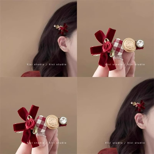 冬季 纽扣发夹甜美少女侧边刘海夹复古红色蝴蝶结圣诞发饰新年头饰