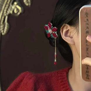 新中式复古花朵流苏发夹女边夹古风汉服发饰红色串珠头饰日常百搭