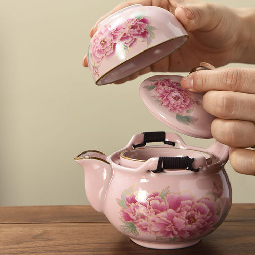 粉色汝窑手抓壶茶壶可携式旅行功夫茶具开片可养高档陶瓷泡茶快客