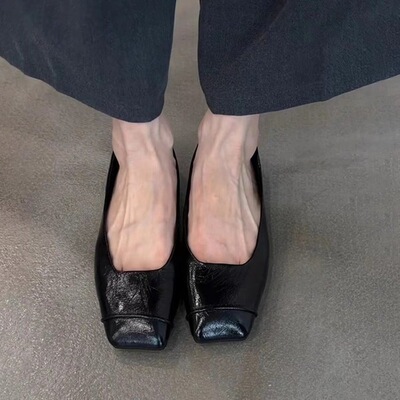 秋季新款复古显瘦玛丽珍鞋女一脚蹬浅口平底单鞋晚晚风黑色通勤