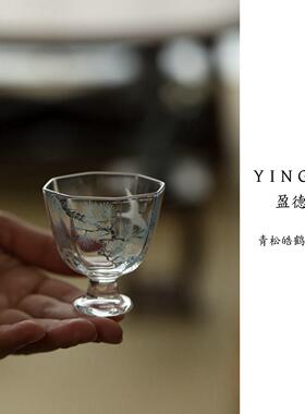 盈德堂 松鹤高硼硅玻璃茶杯主人杯单杯高档品茗杯功夫茶具高脚杯