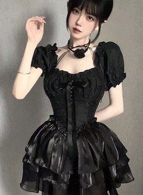 自制黑色收腰连衣裙女夏辣妹法式小众设计感纯欲泡泡袖公主蓬蓬裙