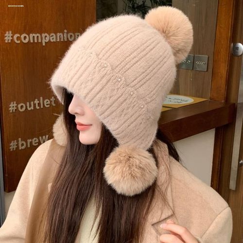 帽子防风毛线帽兔m毛学生骑行保暖护耳可爱套头毛球防寒女加绒冬