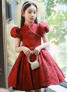 女童红色礼服小主持人生日公主裙高级感演出服儿童国风旗袍高贵女