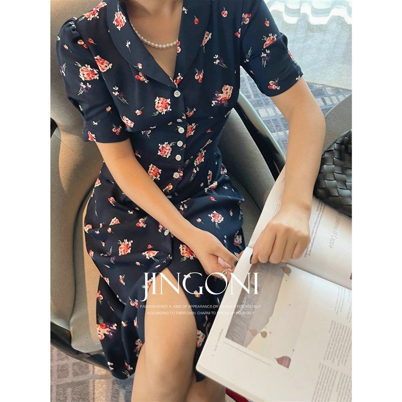 藏青雪纺短袖碎花连衣裙子女2024年夏季新款修身收腰小个子气质潮