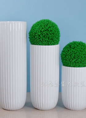 白色砂岩条纹简约玻璃纤维落地大花瓶 圆柱形酒店商场装饰花器花