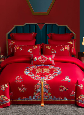 100支长绒棉婚庆四件组全棉纯棉新婚喜被结婚大红色龙凤百子套件