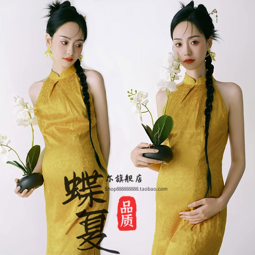 影楼新中式孕妇照主题拍照摄影服装黄色晨袍中国风复古改良连衣裙
