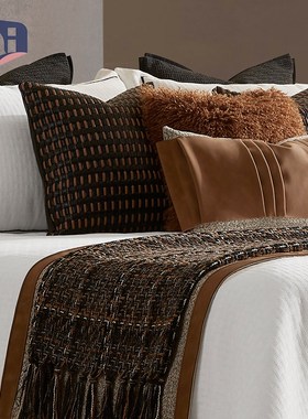 轻奢布艺咖色橙色系现代床上用品家居样板房软装设计主卧床品12件