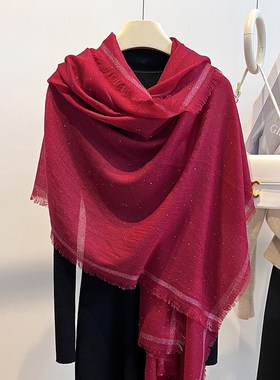 红色亮片水溶工艺羊毛围巾2025春夏季薄款洋气时尚丝巾披肩女外搭