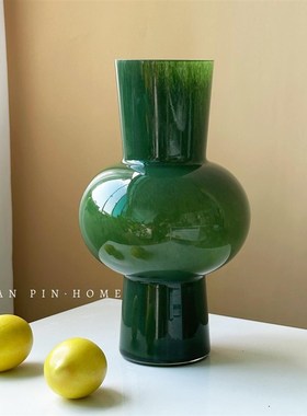 中古极简复古绿色大肚琉璃花瓶客厅高级感玻璃插花器桌面装饰摆件