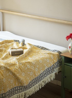 美式乡村A类纯棉盖毯黄色单双人空调毯子卧室双面纱布厚床单平整