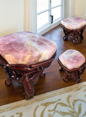 天然粉水晶原石根艺凳子摆件家居客厅玄关装饰品办公室桌面工艺品