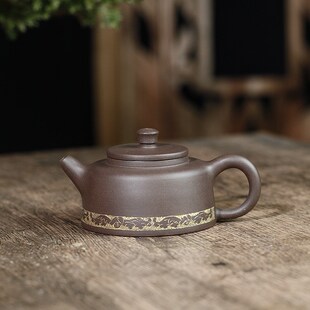 工艺美术员陈华芬全手工描金花边紫泥180CC翘嘴德钟曼生紫砂小壶