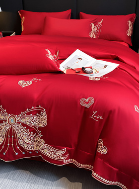 结婚四件套床上用品中式大红色床单高档刺绣被套婚嫁喜庆婚房被罩