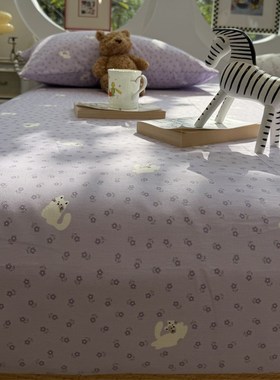 韩系淡紫色小碎花猫咪纯棉床笠床单单件保护套全棉纯棉床罩少女心