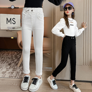 女童裤子春秋外穿大童加绒修身内搭裤小脚弹力白色儿童牛仔裤洋派