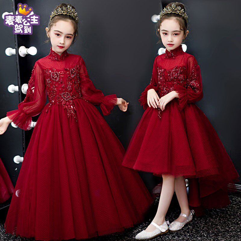钢琴表演礼服女童蓬蓬公主裙儿童红色连衣裙花童婚纱长裙春秋走秀